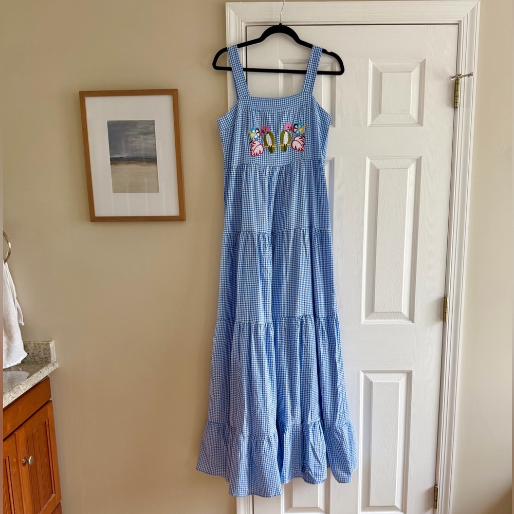 Boutique Blue Gingham Checkered Parrot Maxi Dress Medium